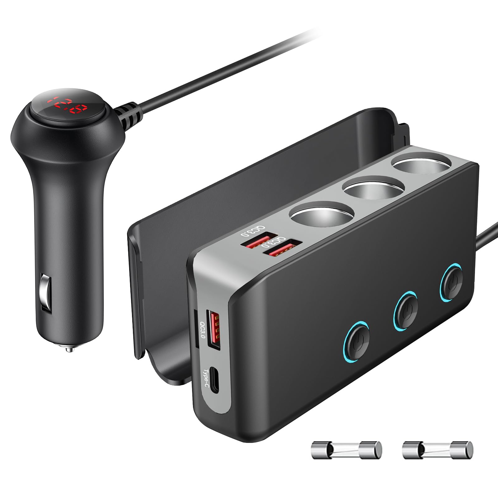 OOWOLF Quick Charge 3.0 Cigarette Lighter Adapter,180W 12V/24V 3-Socket DC Power Car Splitter with 6.6A 4 USB Ports,LED Display Voltage, Individual Switch