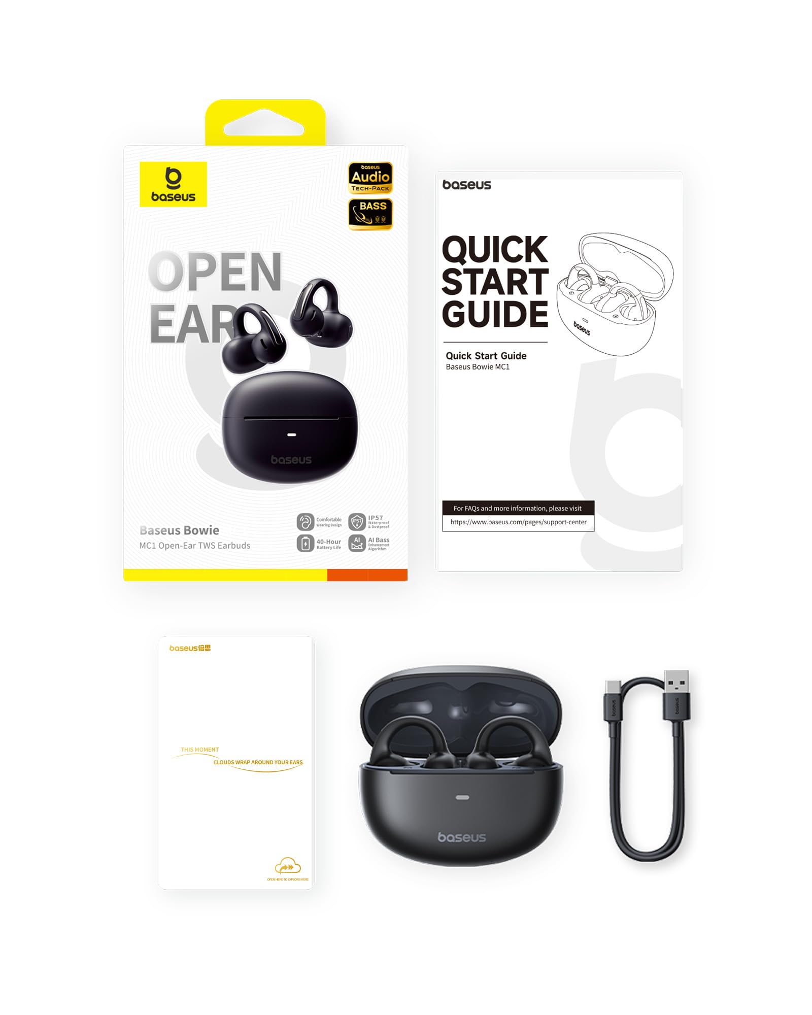 Baseus Bowie MC1 Open-Ear Headphones – Lightweight Bluetooth Air Clip with 40H Battery Life & Bass Ai HiFi Sound Quality & Bluetooth 5.4, (5.2g) with IP57 for Sports & Travel - White