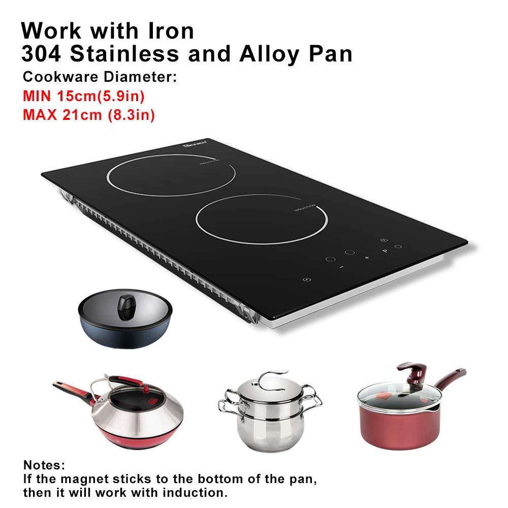 GIONIEN Plug in Induction Hob 2 Rings,Domino Hobs,30cm Electric Cooktop 2800W 13 Amp, Built in Worktop,Black Glass Smooth Worktop,Double Induction Cooker GIT230SP