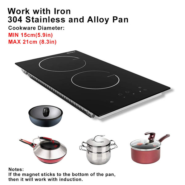 GIONIEN Plug in Induction Hob 2 Rings,Domino Hobs,30cm Electric Cooktop 2800W 13 Amp, Built in Worktop,Black Glass Smooth Worktop,Double Induction Cooker GIT230SP