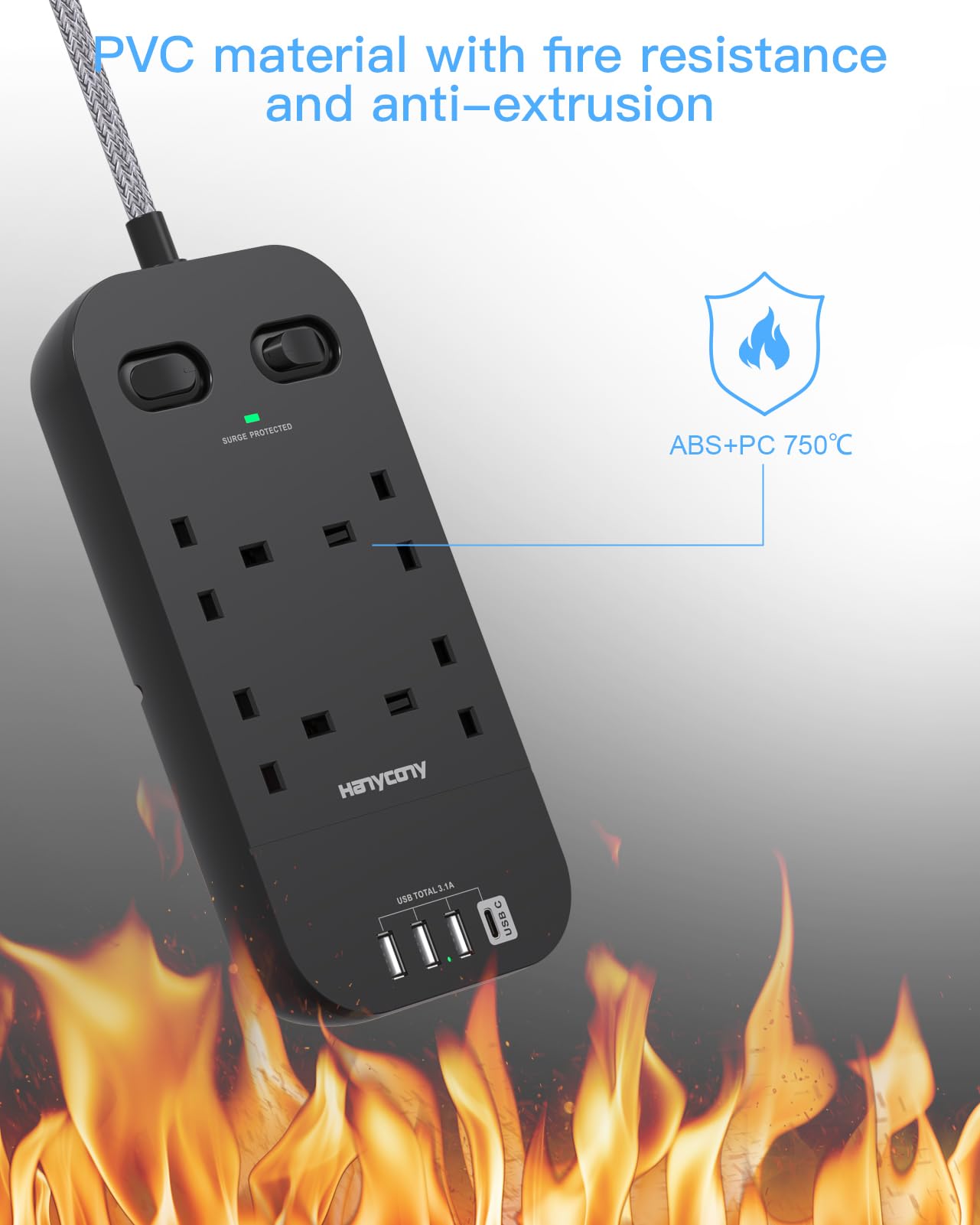 4 Way Surge Protected Extension Lead with USB Slots, HANYCONY Extension Cable with Double Switches, Plug Extension Socket 1.8M Braided Extension Cord for Home Office Accessories, Gray