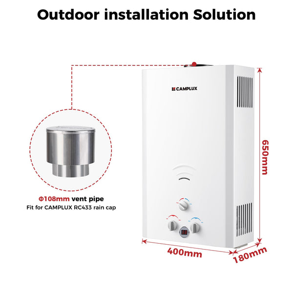 CAMPLUX Gas Water Heater 20 litres, Instant LPG Water Heater for Garden Shower, RV, Tiny House, ECO/Full Mode, BW Series BW528B