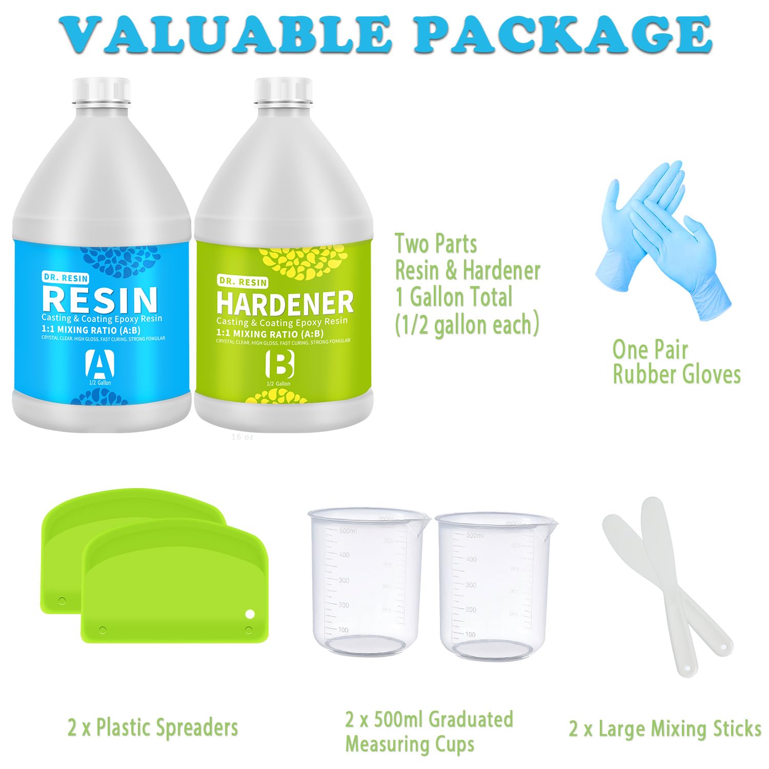 Clear Epoxy Resin Art Resin 1 Gallon Kit 2 Part Epoxy Kit Clear Jewelry Resin with Bonus Measuring Cups, Mixing Sticks, Plastic Spreader and Rubber
