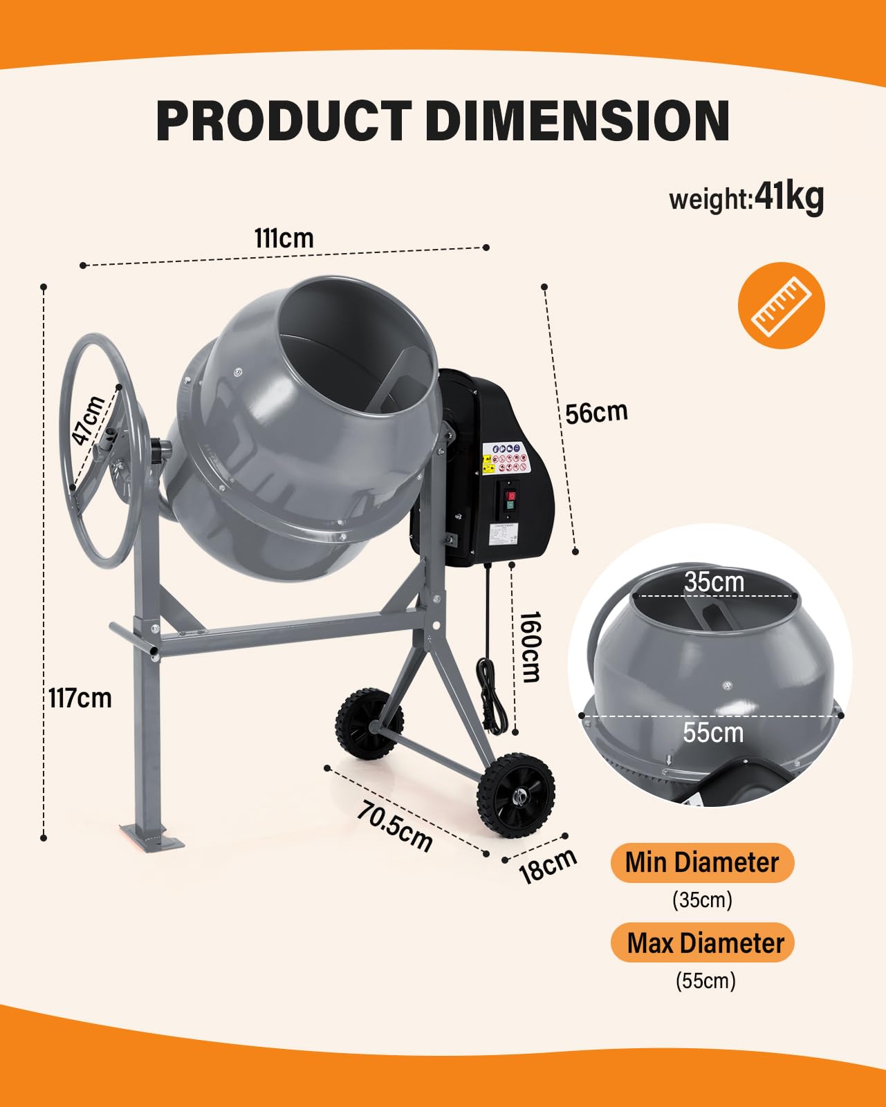 DKIEI 63L Electric Cement Mixer, 220W Concrete Mixer with Wheels and Stand, Portable Mud Mixer Machine for Cement, Stucco, Seeds and Fodder, 230V, 50Hz, 30RPM, Orange