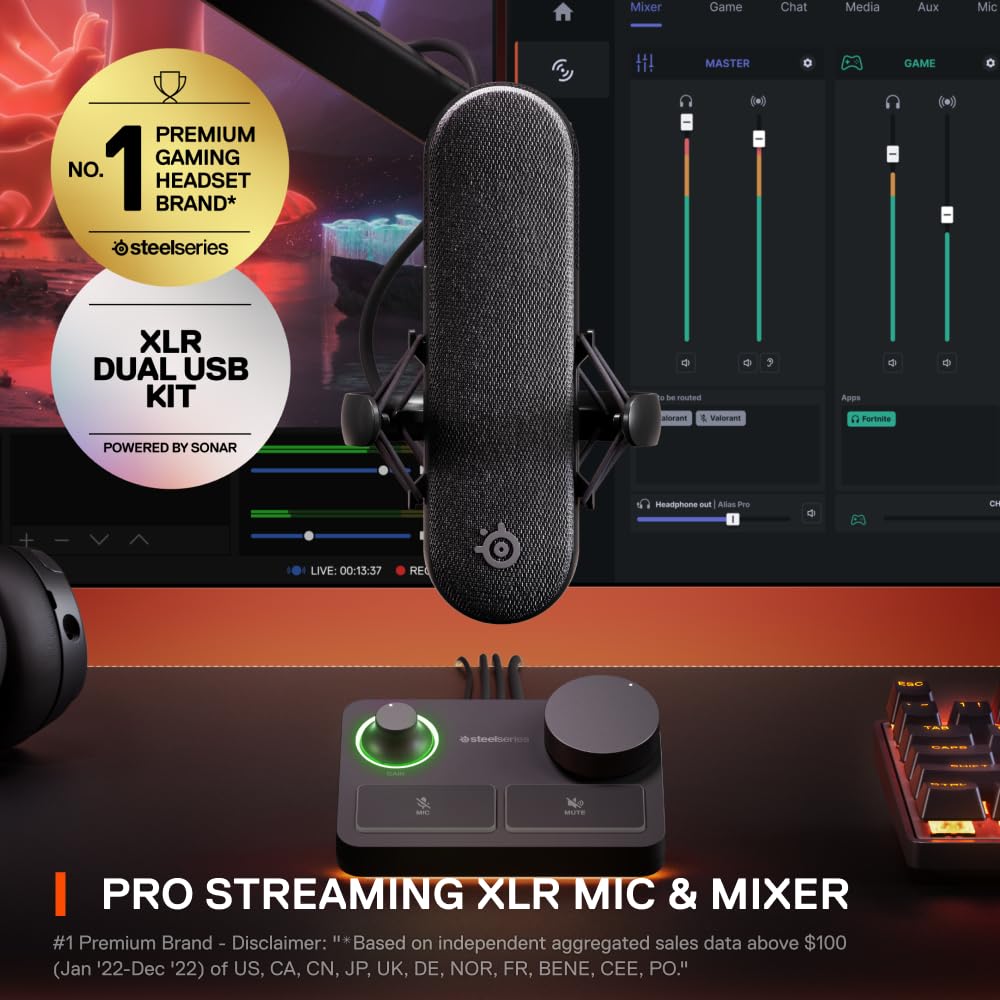 SteelSeries Alias USB Mic for PC — 3x Bigger Capsule for Gaming, Streaming and Podcasting — Sonar for Streamers Audio Software — AI Noise Cancelling — LED Mute & Level Monitoring — Shock Mount - Black