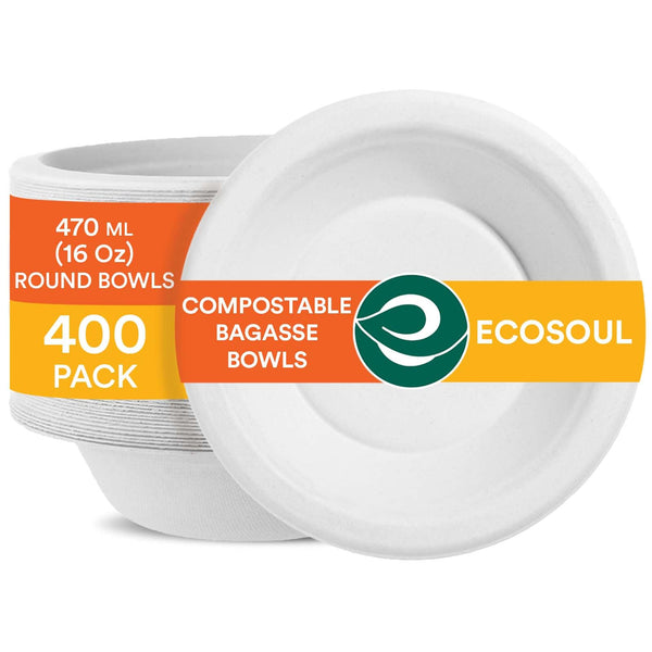 ECO SOUL 400 Pearl White Round Paper Bowl 470 Ml(16Oz) Disposable Bagasse Bowls,100% Compostable, Eco Friendly Paper Bowl for Hot Food Alternative to