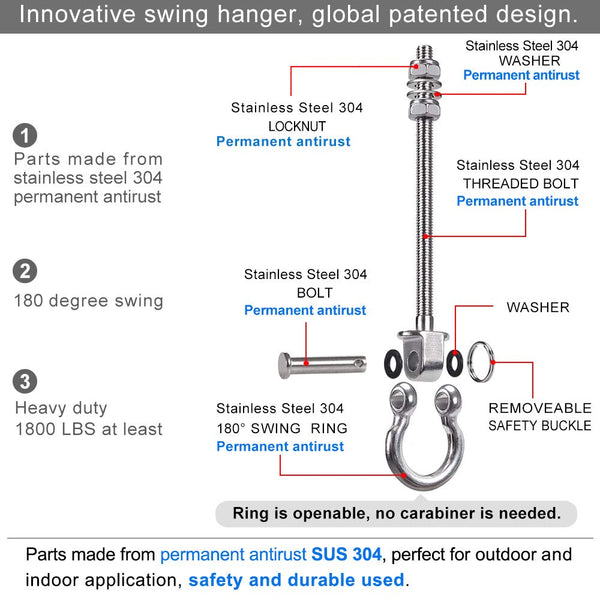 BeneLabel 6pcs Hanging Bolts 21cm Hammock Swing Hanger Carabiner Hook, Swive Stainless Steel Mounting Kit Set for Indoor Outdoor Playground Chair Yoga