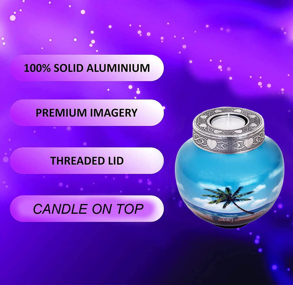 HLC Beach Urn Lovely Beach Urn Blue Palm Tree Design Cremation Urns for Human Ashes Cremation Sharing Urn to Remember Your Loved One Medium Funeral