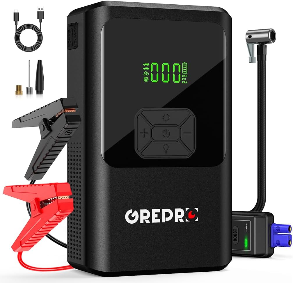 GREPRO 5-in-1 Jump Starter Power Pack with 150PSI Air Compressor (Up to 10.0L Gas,8.0L Diesel), Car Jump Starter for 12V Vehicle, 3000A Jump Pack with Digital Display, LED Flashlight