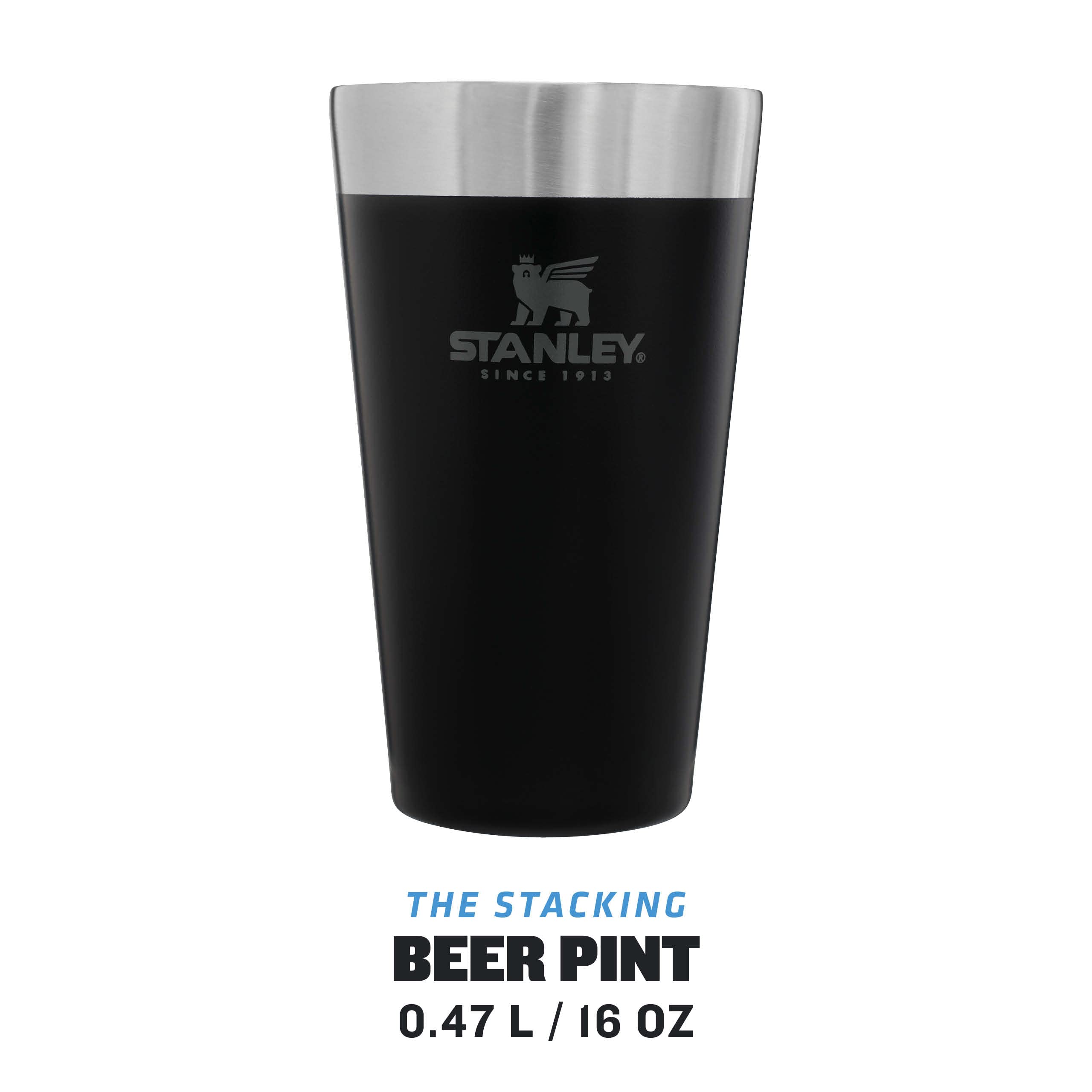Stanley Adventure Stacking Beer Pint 0.47L - Travel Mug Keeps Drinks Cold For 4 Hours - Stainless Steel Thermal Cup - Stacks Infinitely - Double Wall Vacuum Insulation - Dishwasher Safe - Matte Black