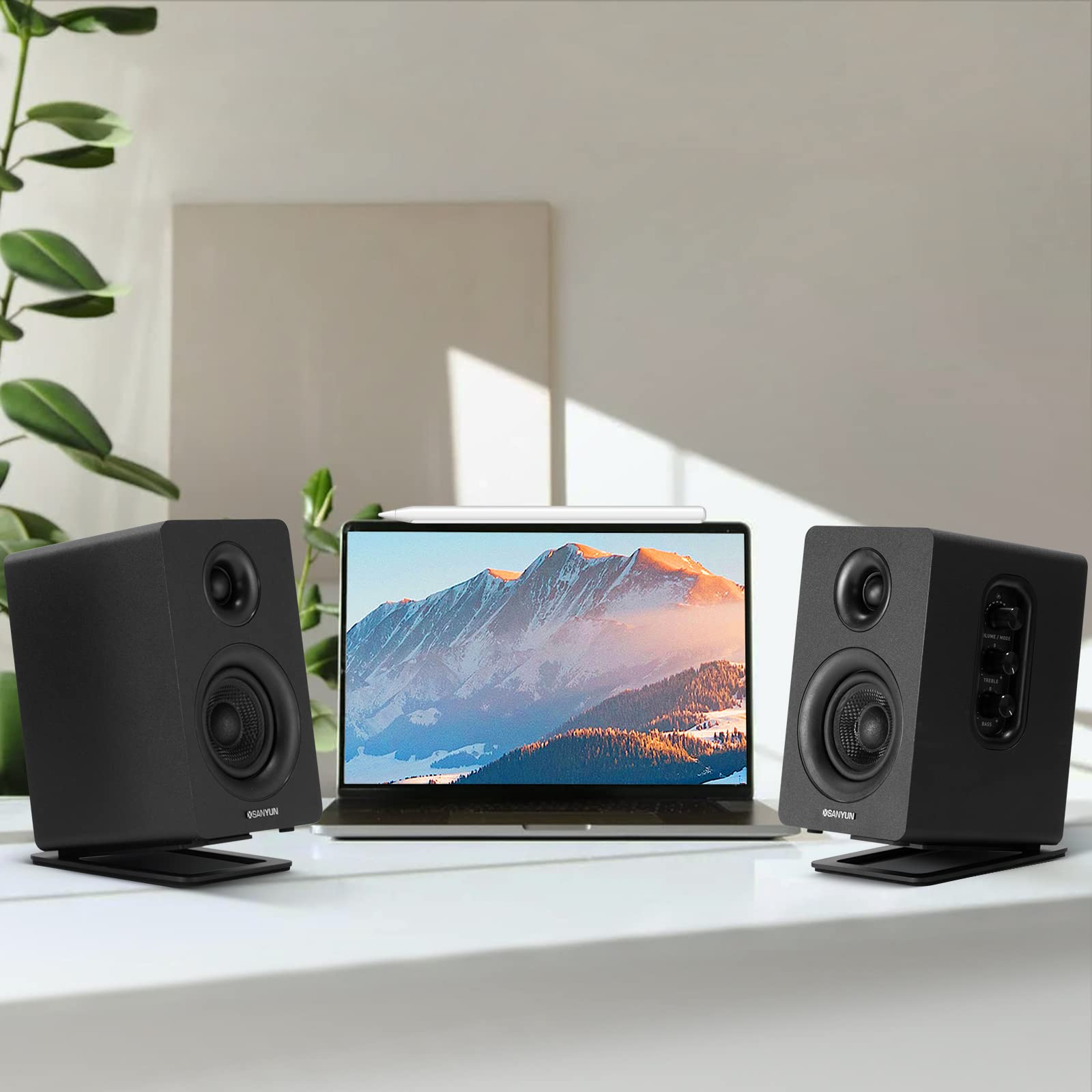 Sanyun SW208 3" Active Bluetooth 5.0 Bookshelf Speakers - 60W Carbon Fiber Speaker Unit - Built-in 24bit DAC - Dynamic 3D Surround Sound - 2.0 Computer PC Monitor Gaming Speakers (Pair, Black)
