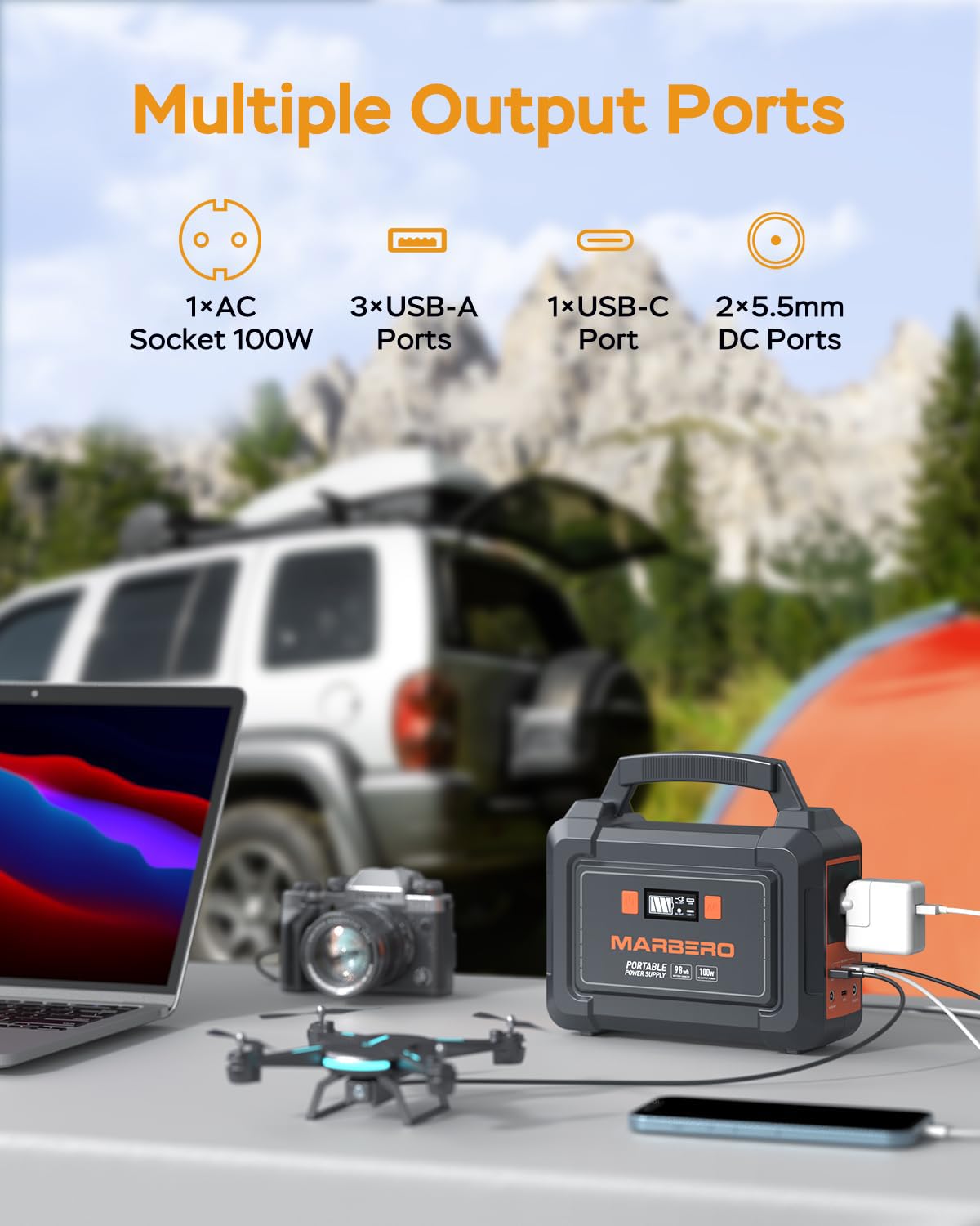 MARBERO Portable Power Station 98Wh Large Battery Pack 100W(150W Peak) Solar Generator Camping Backup with AC Plug Socket with LED Light for Outdoor Adventure RV Trip Home Blackout Emergency