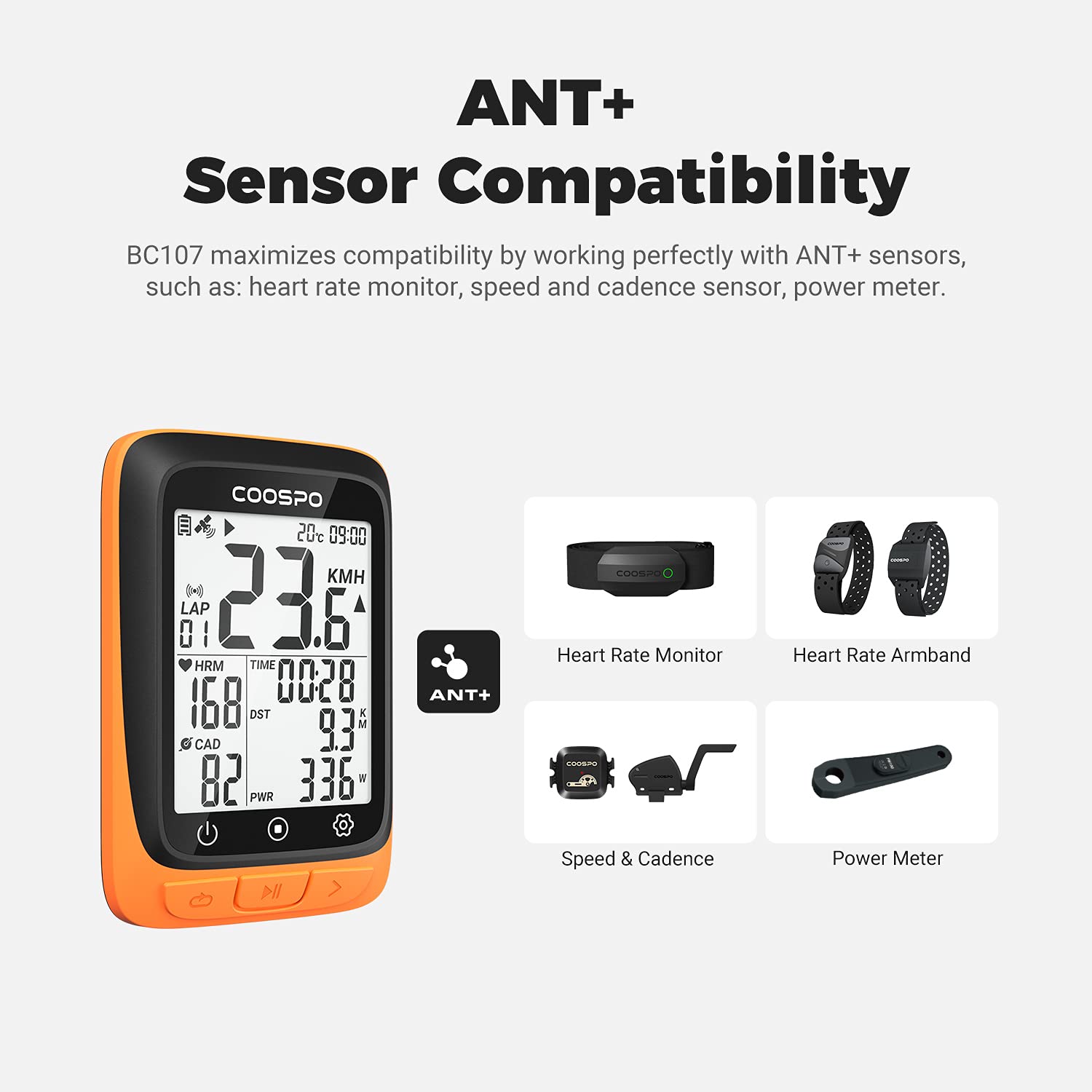 COOSPO ANT+ GPS Wireless Bike Computer with Bluetooth, Multifunction ANT+ GPS Bike Computer with 2.4 Inch LCD Display, Bike Speedometer with Automatic Backlight IP67