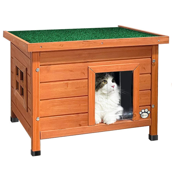 VOUNOT Cat House Outdoor with Kennel Door Privacy Window Cat Wooden Shelter 57x45x43cm, Grey