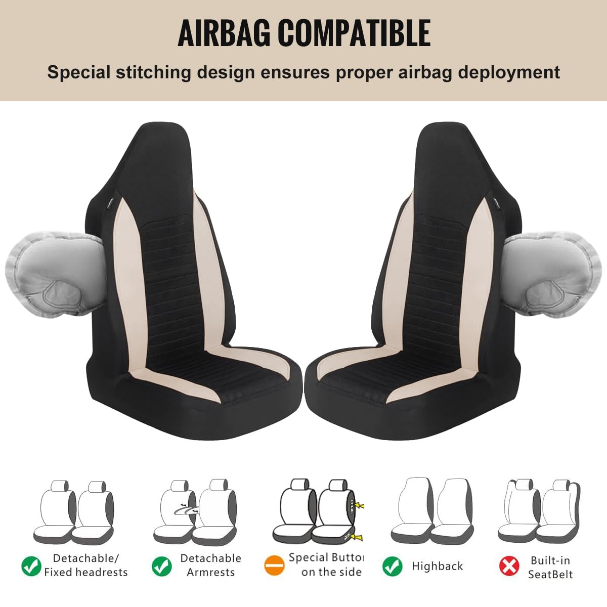 AUTOYOUTH Car Seat Covers Simple Bucket Style Universal Front Pair Fit for Car Truck SUV Van Seat Covers Car Seat Protector, Beige