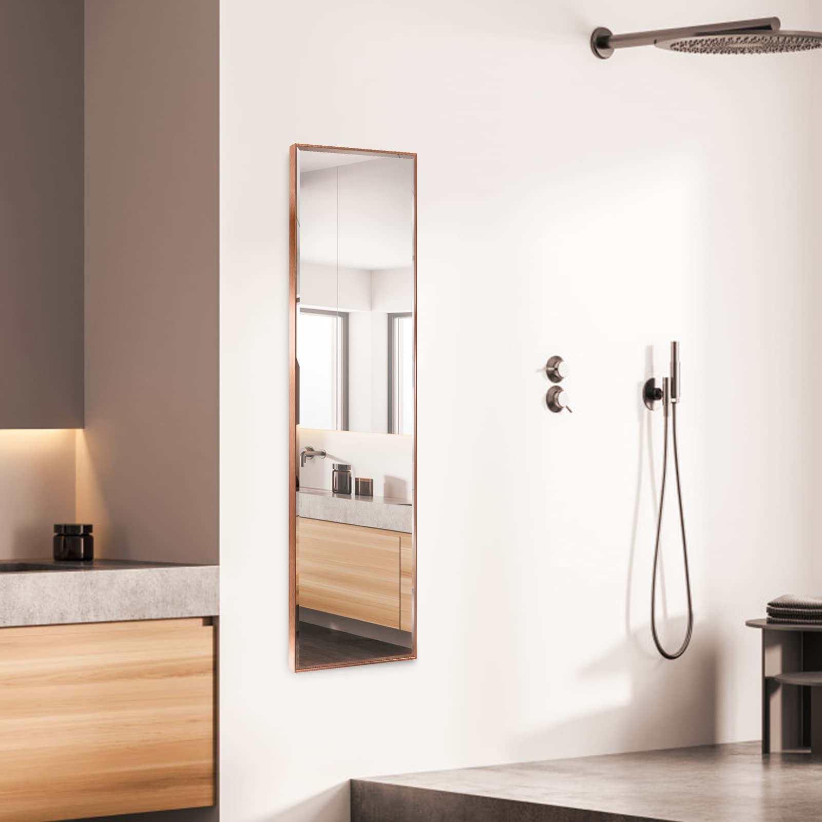 HORLIMER Full Length Wall Mirror with Rose Gold Frame, 122x35cm(14x48 inches) Large Body Door Mirrors for Living Room Bedroom Bathroom