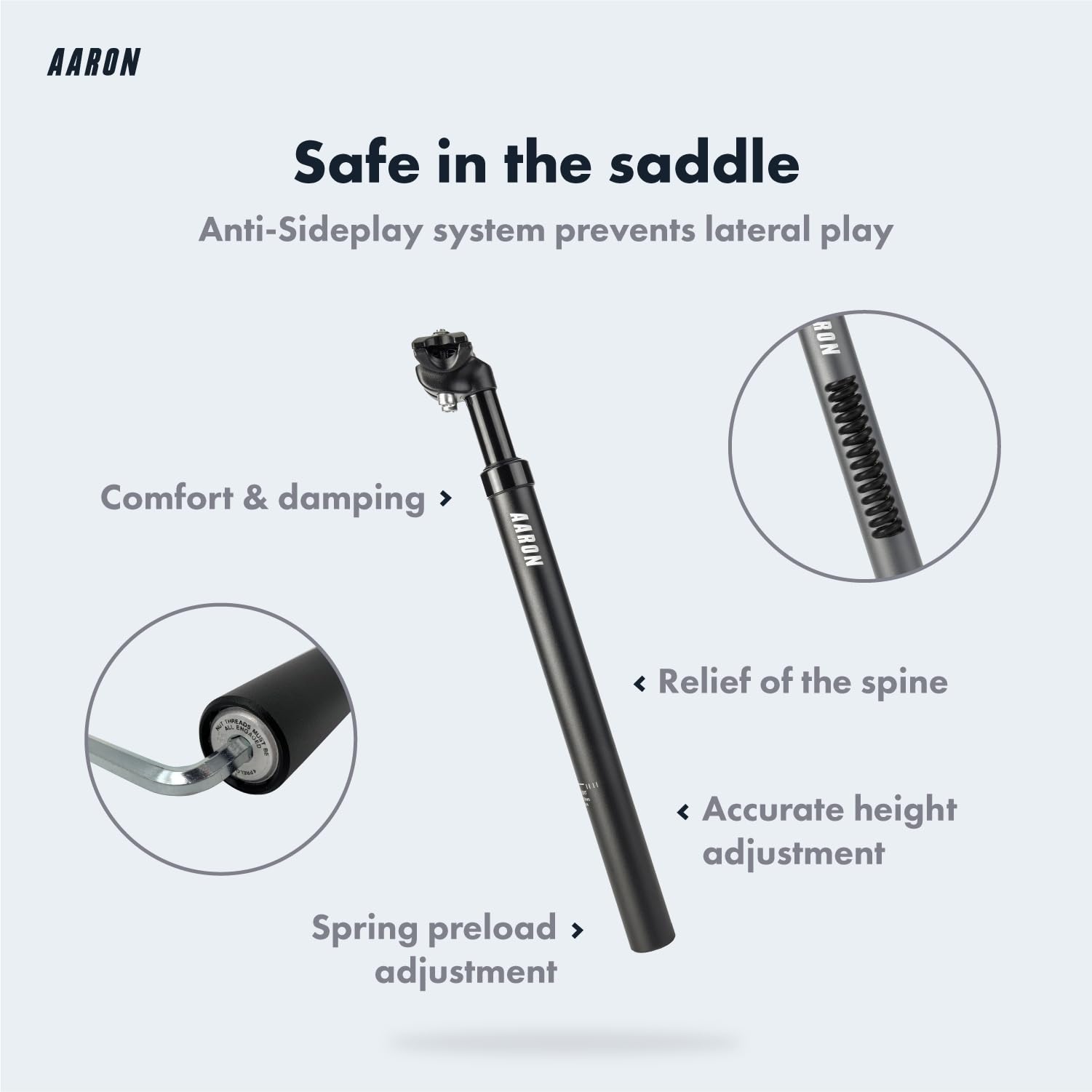 AARON - Spring Suspension Bike Seat Post - Aluminum Saddle Seatpost for E Bicycle, MTB, Trekking Bikes, City Bikes - 31.6mm Diameter, 13.8" (350mm)