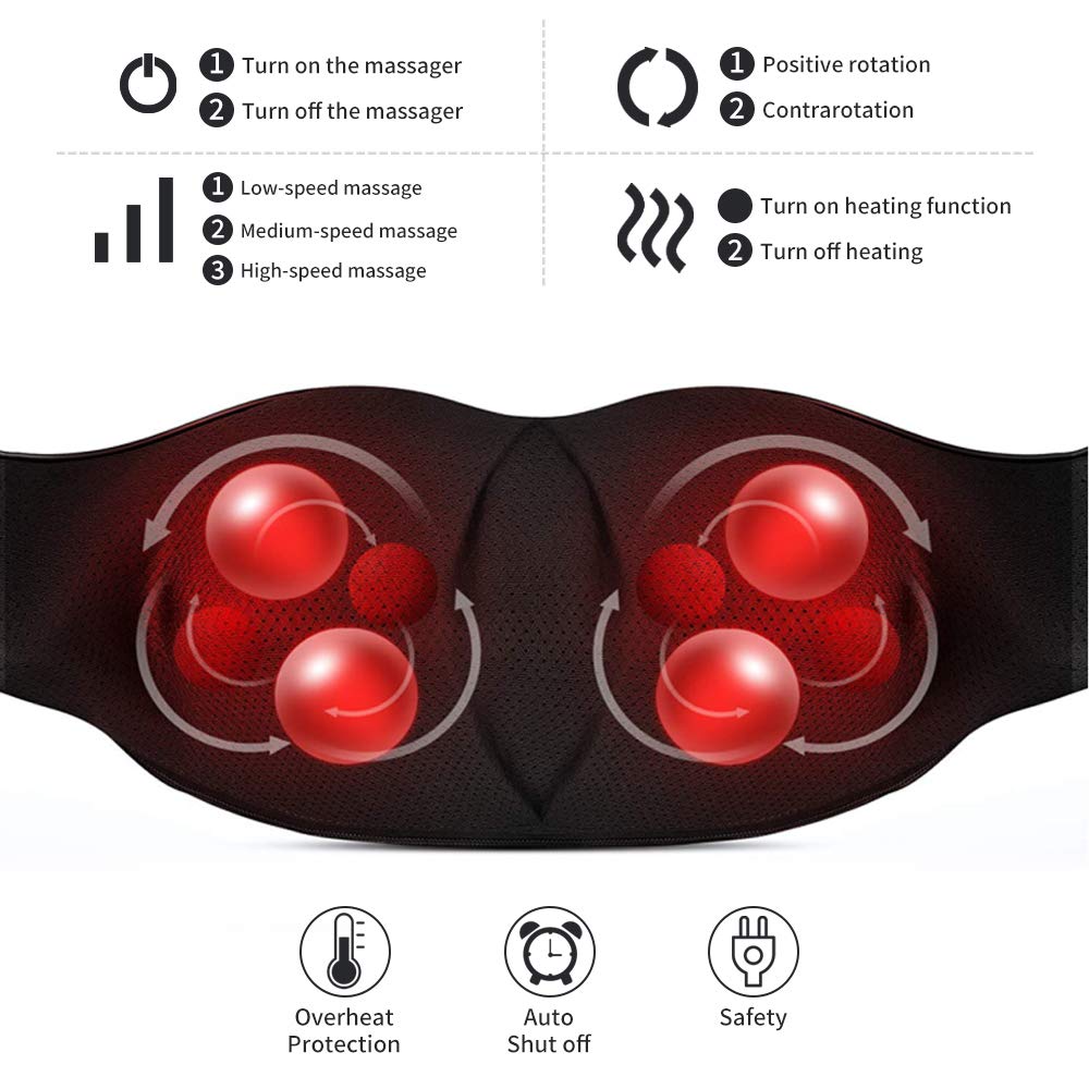 Neck Massager, Deep Tissue 3D Kneading, by iKristin, Portable, with Heat, Shiatsu Massager for Neck, Back, Shoulder, Foot and Leg, at Home and Car, Suitable for Women and Men (Black)