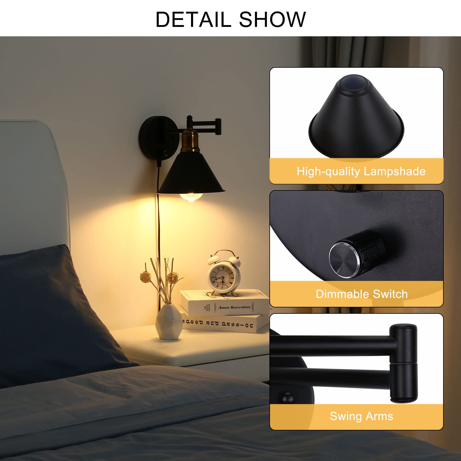 Lightess Black Plug Wall Light Industrial Swing Arm Wall Lights with Switch, Dimmable Wall Lamp E27 Retro Wall Sconce for Bedroom, Living Room, Set of