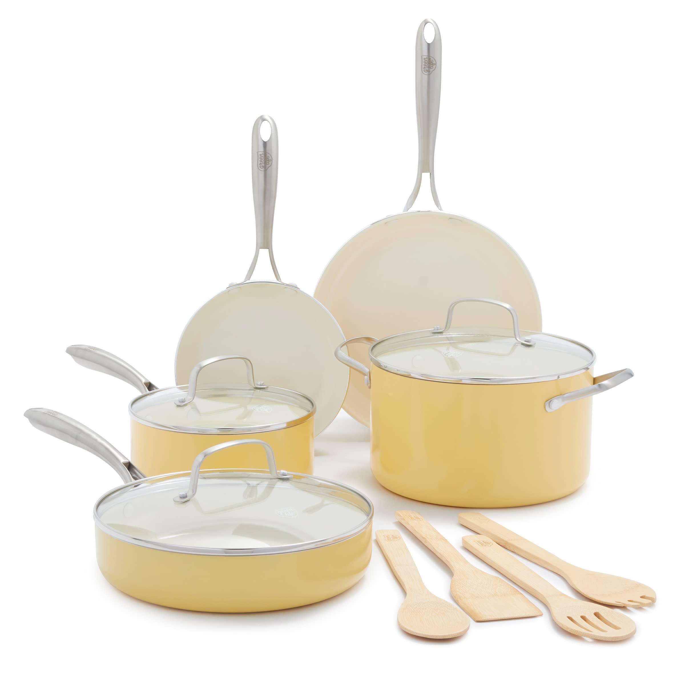 GreenLife Artizan Healthy Ceramic Non-Stick 12-Piece Cookware Pots and Pan Set, Stainless Steel Handle, PFAS-Free, Induction, Oven Safe, Yellow