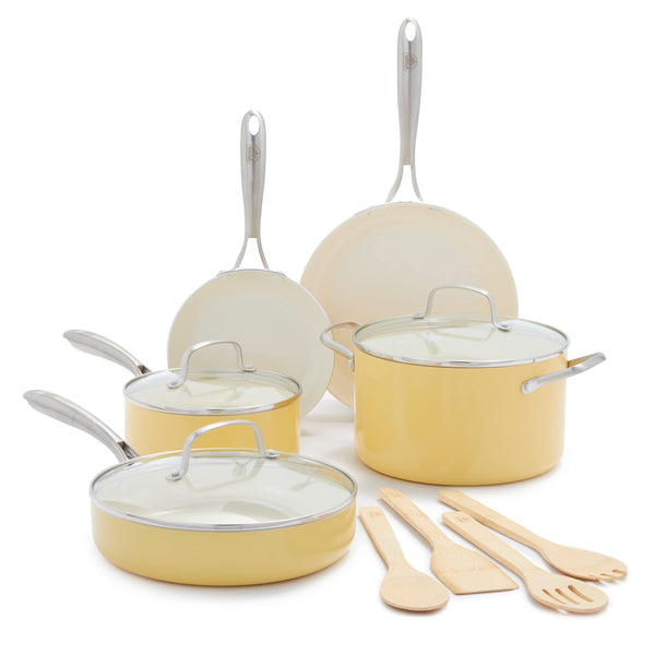 GreenLife Artizan Healthy Ceramic Non-Stick 12-Piece Cookware Pots and Pan Set, Stainless Steel Handle, PFAS-Free, Induction, Oven Safe, Yellow