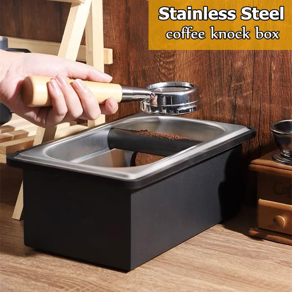 Gocoffun Espresso Coffee Knock Box, Large Size Stainless Steel Coffee Pucks Container, with Noise Reduction Rubber Ring,Silicone Bar for Knocking