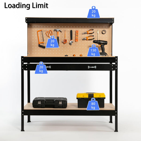 SwitZer New Red Steel Garage Tool Box Toolbox Work Bench Workbench Storage With Drawers Pegboard and 20 Pegs Shelf DIY Workshop Station