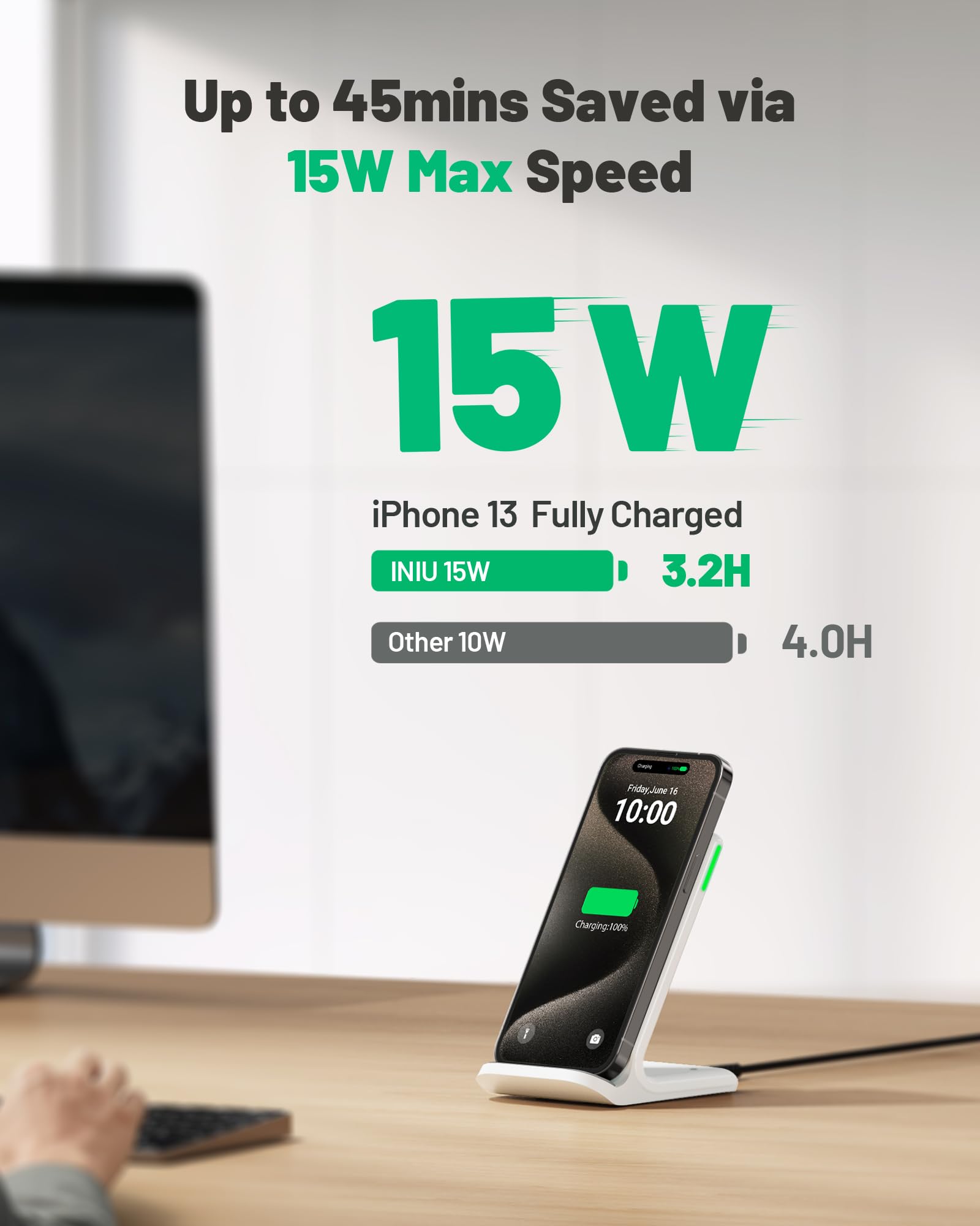 INIU Wireless Charger Stand, 15W Qi Fast Charging Dock Phone Charger, Adaptive LED Wireless Charging Station for iPhone 16 15 14 13 12 11 9 8 XR, Samsung S22 S21 S10 S9, LG V40 G8, Pixel 8 7 6 etc.