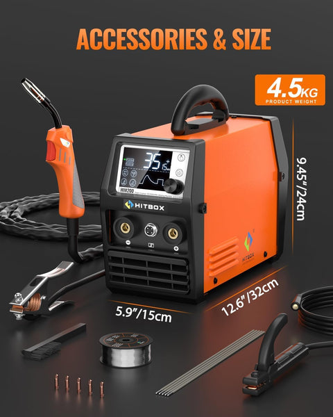 HITBOX 200A Portable MIG Welder 240V, Gasless 4-in-1 Digital Upgraded MIG/Flux Core/ARC/Lift TIG/Spool Gun Inverter Welding Machine with Ultra LED Display (HIM200)