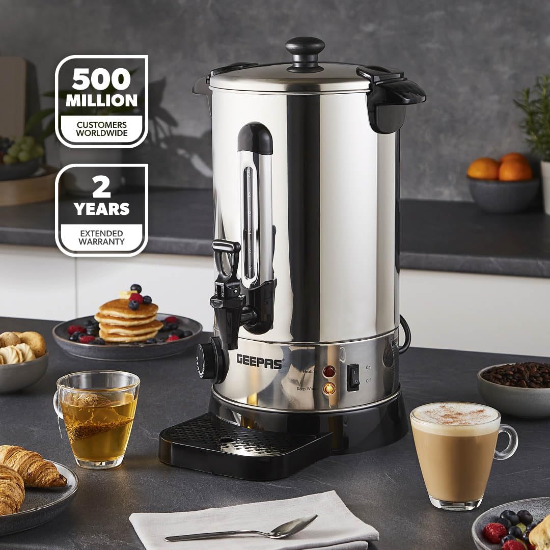 Geepas Electric Catering Urn, 1650W Instant Hot Water Boiler Dispenser - Tea Urn Kettle Home Brewing Commercial Office Use with Keep Warm - Easy Pour Tap, 15 Litre, Stainless Steel – 2 Year Warranty