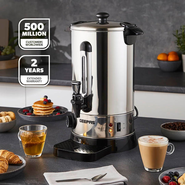 Geepas Electric Catering Urn, 1650W Instant Hot Water Boiler Dispenser - Tea Urn Kettle Home Brewing Commercial Office Use with Keep Warm - Easy Pour Tap, 15 Litre, Stainless Steel – 2 Year Warranty