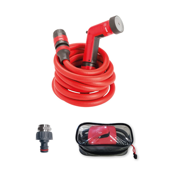 FITT YOYO Plus 10 m, Extendable and Flexible Garden Water Hose Pipe with Multi-Function Spray Gun, Hook Support for Fences and Tap Adapter, Red