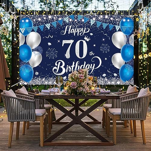 Happy 70th Birthday Banner, 1.1 x 1.8m Blue Silver 70th Birthday Decorations for Women, Men, Anniversary Party Supplies
