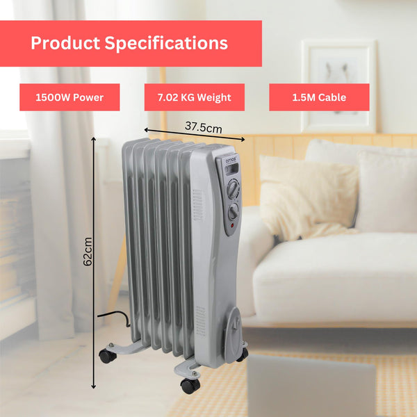 AMOS 1500W Electric Oil Filled Radiator Heater 7-Fin Portable Thermostat Heating Appliance with 3 Heat Settings, Safety Shut Off, and Power Indicator Light