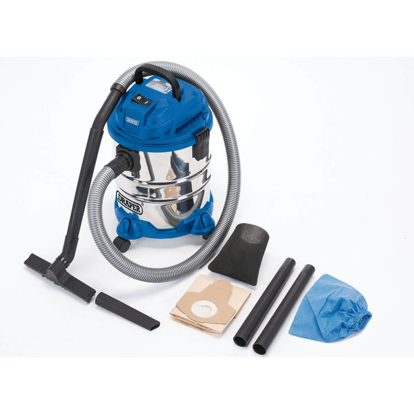 Draper 1250W 20 L Wet and Dry Vaccum Cleaner | 1.5m Flexible Hose and Acessories | 25 l/s Max Airflow | 15 kPa Vacuum Pressure | Home Car Carpet