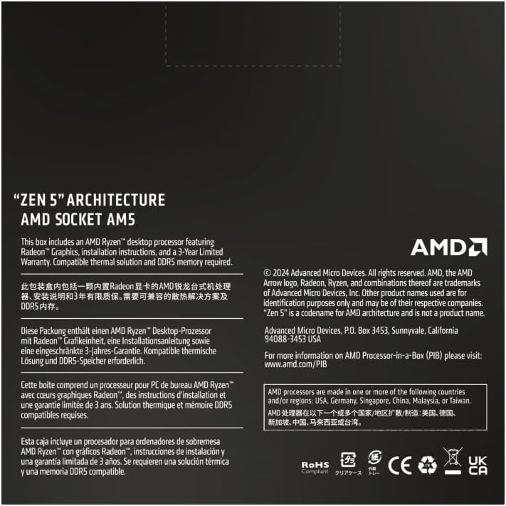 AMD Ryzensets 5 9600X Processor (radeon graphics included, 6 Cores/12 Threads, 65W TDP, Socket AM5, Cache 38MB, up to 5.4 GHz max boost Frequency, no cooler)