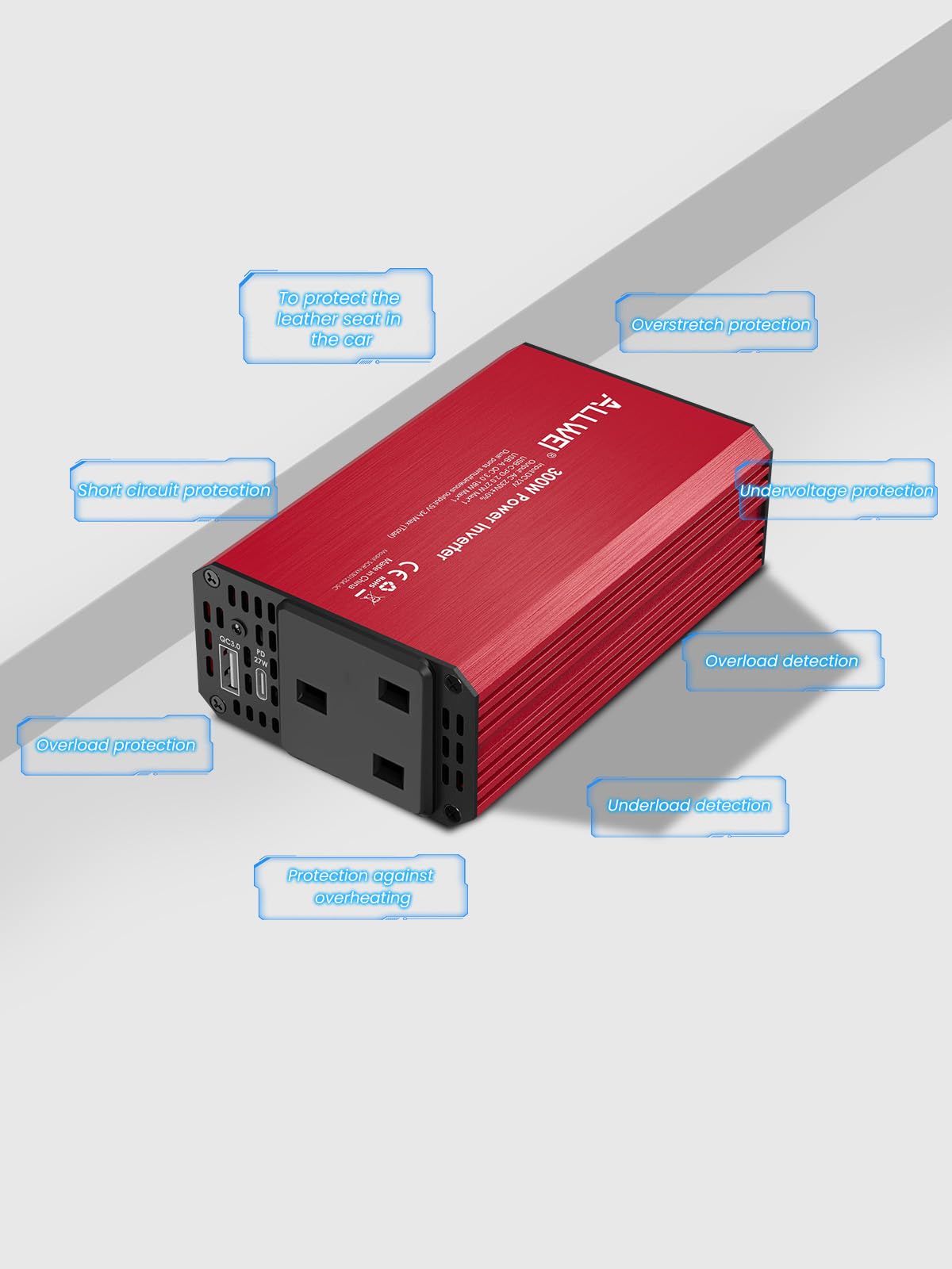 ALLWEI 300W Car Power Inverter with 27W USB-C and 3.0 USB Port - DC 12V to 240V / 230V AC Power inverters for Vehicles Converter Fast Charging Ports Car Charger Adapter (Red)