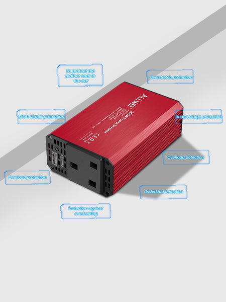 ALLWEI 300W Car Power Inverter with 27W USB-C and 3.0 USB Port - DC 12V to 240V / 230V AC Power inverters for Vehicles Converter Fast Charging Ports Car Charger Adapter (Red)