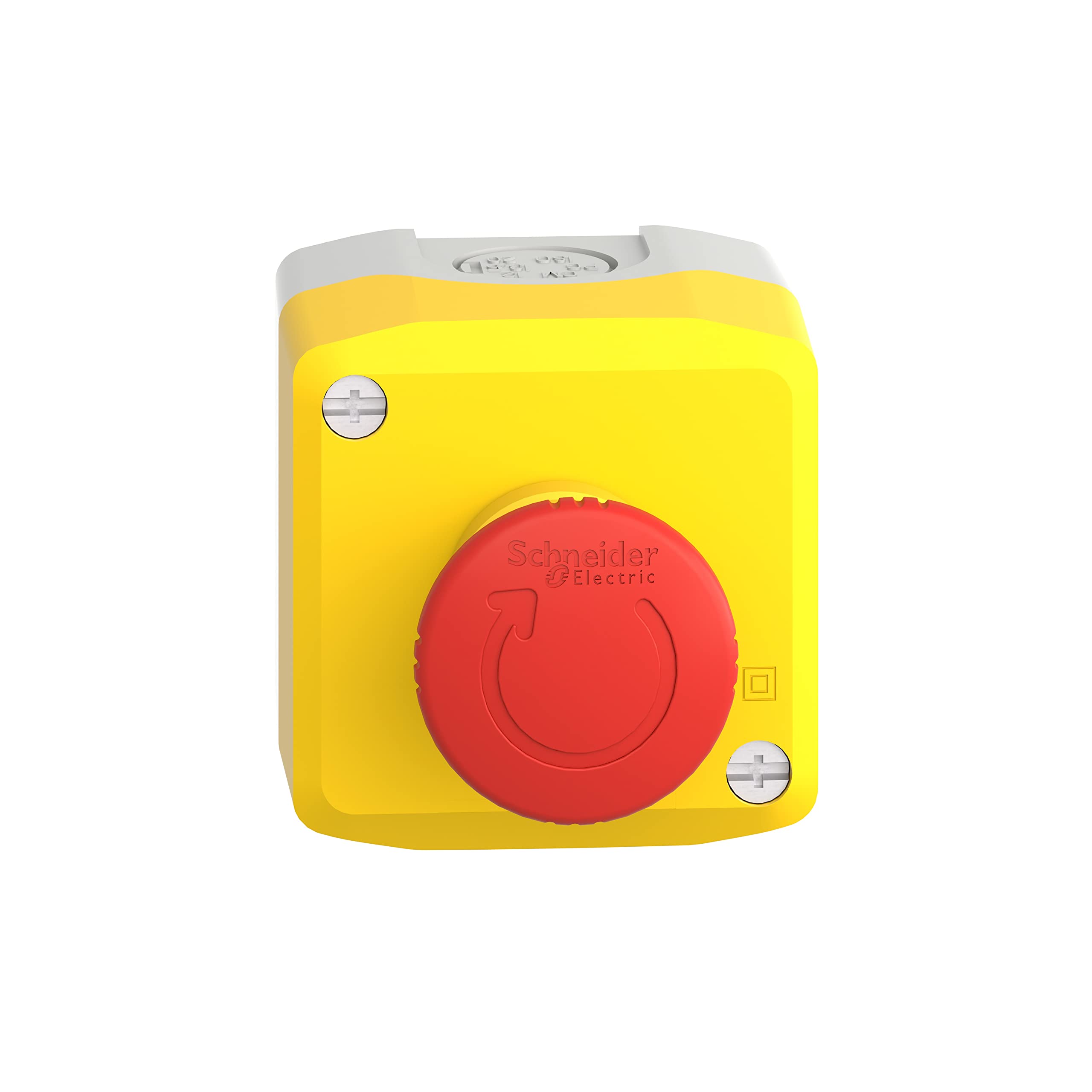 Schneider Electric Control station, plastic, yellow lid, 1 red mushroom push button Ø40, key release, 1 NO + 2 NC
