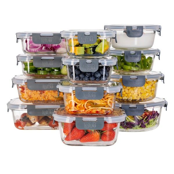 Igluu Meal Prep Glass Containers with Lids (12 Pack: 4 Rectangle, 4 Square, 4 Round) - Reusable Meal Prep Containers, Microwave, Oven, Freezer &