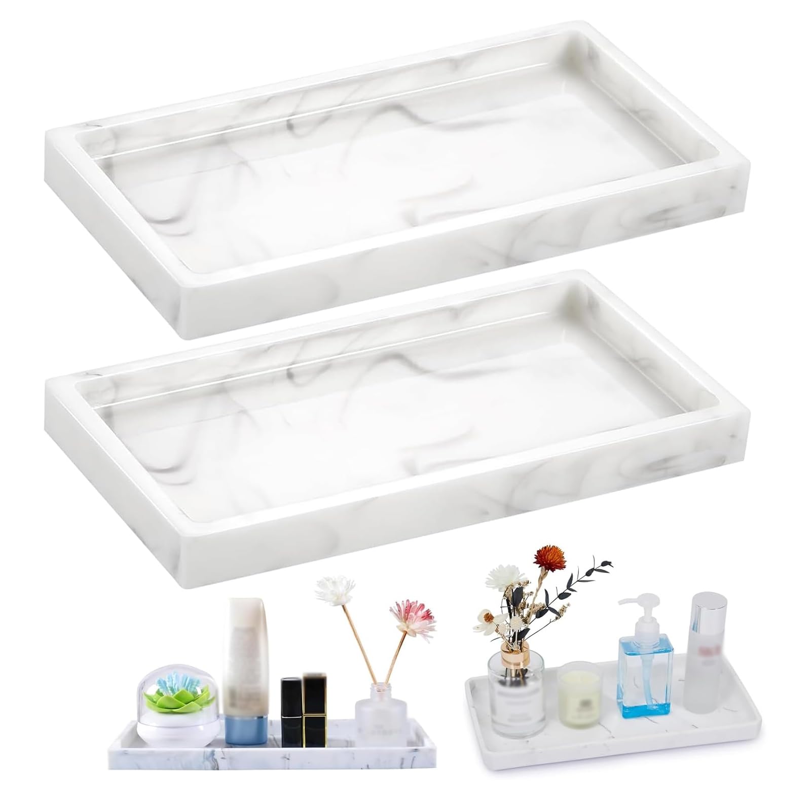 XINSUO? 2 Pieces Trays for Cosmetics Rectangular,Shatterproof Bathroom Tray,Vanity Tray,For Fabric Candles,Towels,Small Cosmetics(20 x 10 cm,Marble