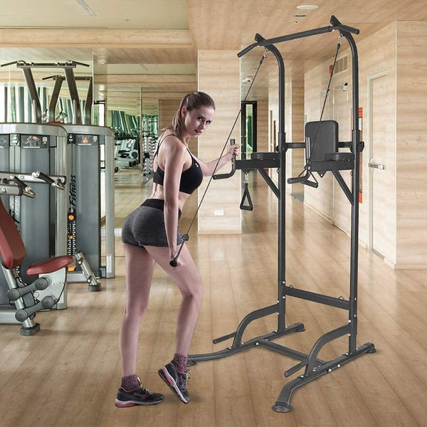 Dskeuzeew Power Tower Dip Station Pull Up Bar, Adjustable Height Multi-Function Power Tower, Push Up Workout Abdominal Exercise for Home Gym Strength Training Fitness Workout Equipment