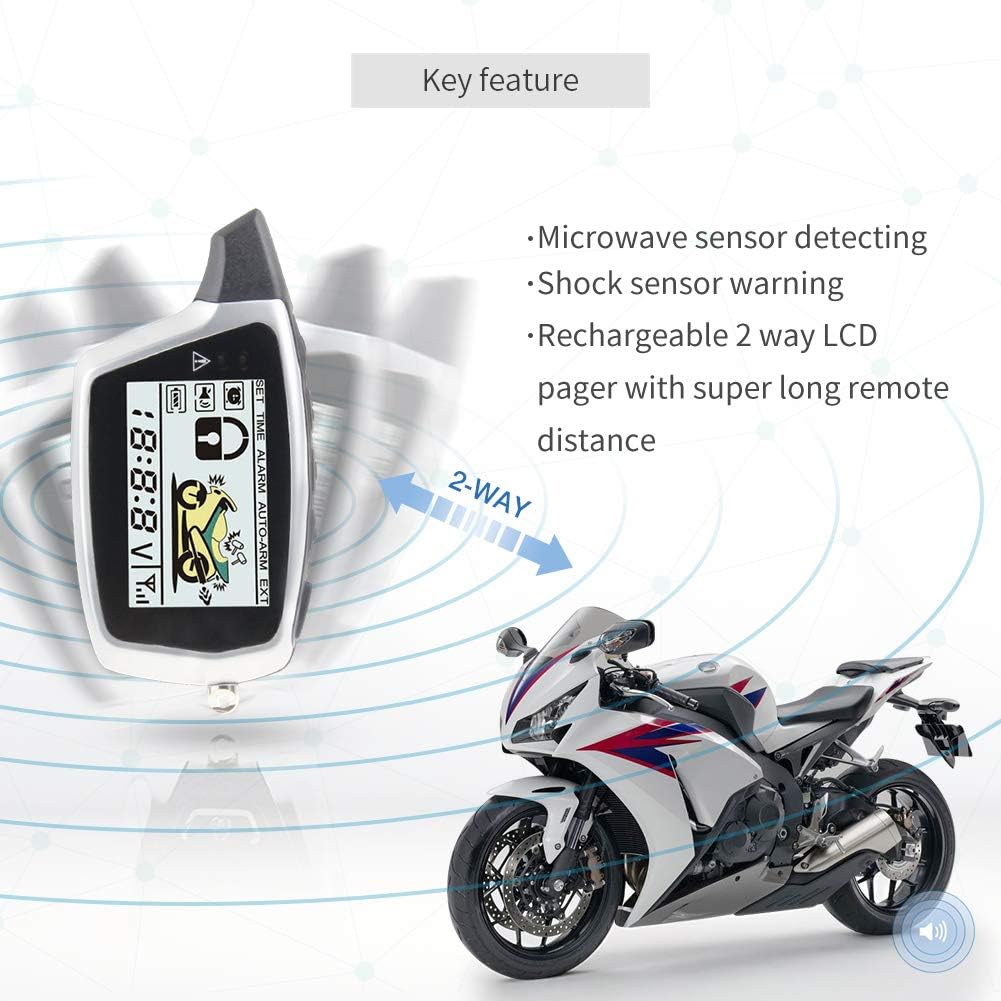 EASYGUARD EM212 2 Way Motorcycle Alarm system with LCD pager display rechargeable transmitter built in shock sensor & microwave sensor detecting DC12V