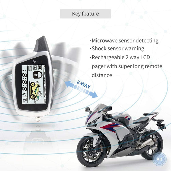 EASYGUARD EM212 2 Way Motorcycle Alarm system with LCD pager display rechargeable transmitter built in shock sensor & microwave sensor detecting DC12V