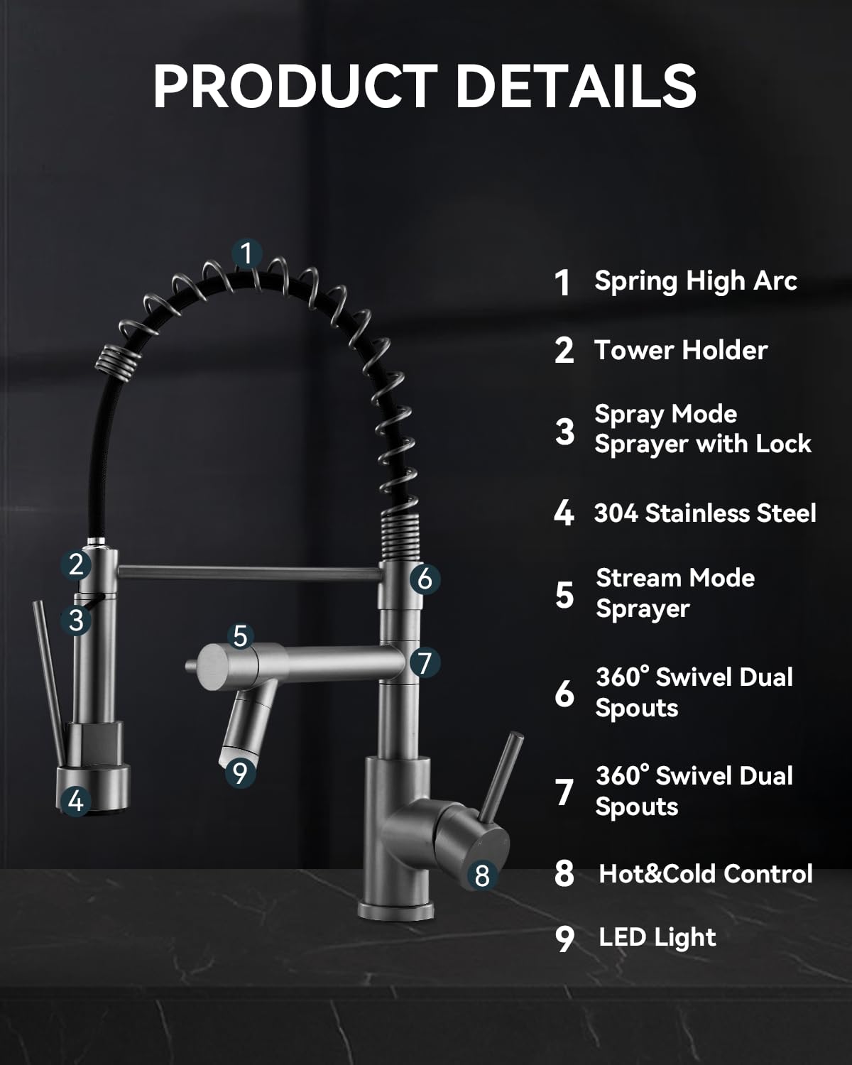 Warmiehomy 5 Modes Kitchen Taps Mixer with Pull Out Spray,High Arc 360° Swivel Dual Spout Pull Down Stainless Steel Kitchen Sink Taps,Brushed Nickel