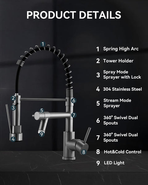 Warmiehomy 5 Modes Kitchen Taps Mixer with Pull Out Spray,High Arc 360° Swivel Dual Spout Pull Down Stainless Steel Kitchen Sink Taps,Brushed Nickel