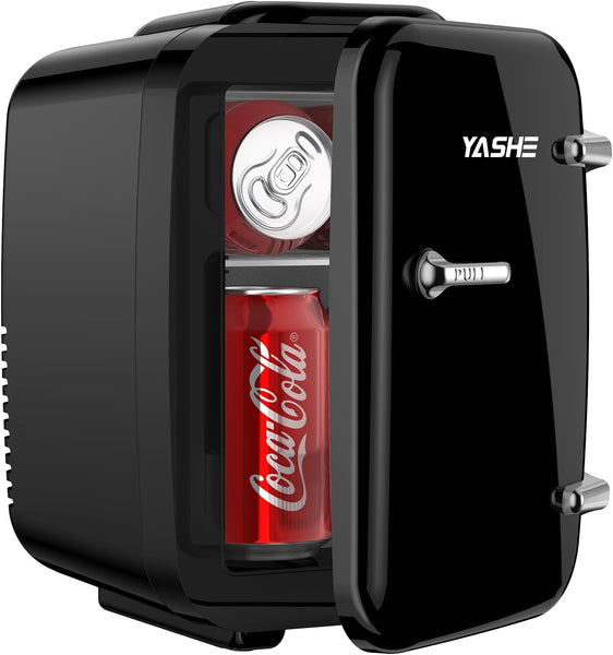 YASHE Mini Fridge 4 Liter/6 Cans Small Refrigerator for Skincare 110V AC/ 12V DC, Black