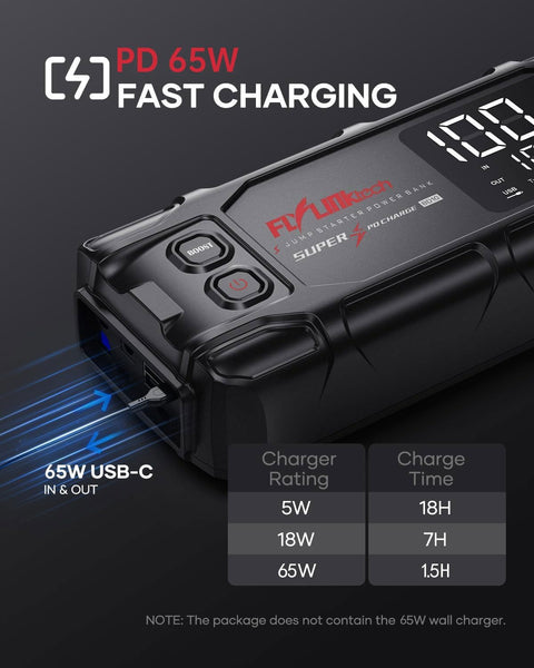 Jump Starter Power Pack, FLYLINKTECH 8000A Peak 26800mAh Car Battery Booster Jump Starter Bank with PD65W Fast Charging for All Gas or 12L Diesel, 12V Battery Jumper with 600 Lumen Light, Jump leads