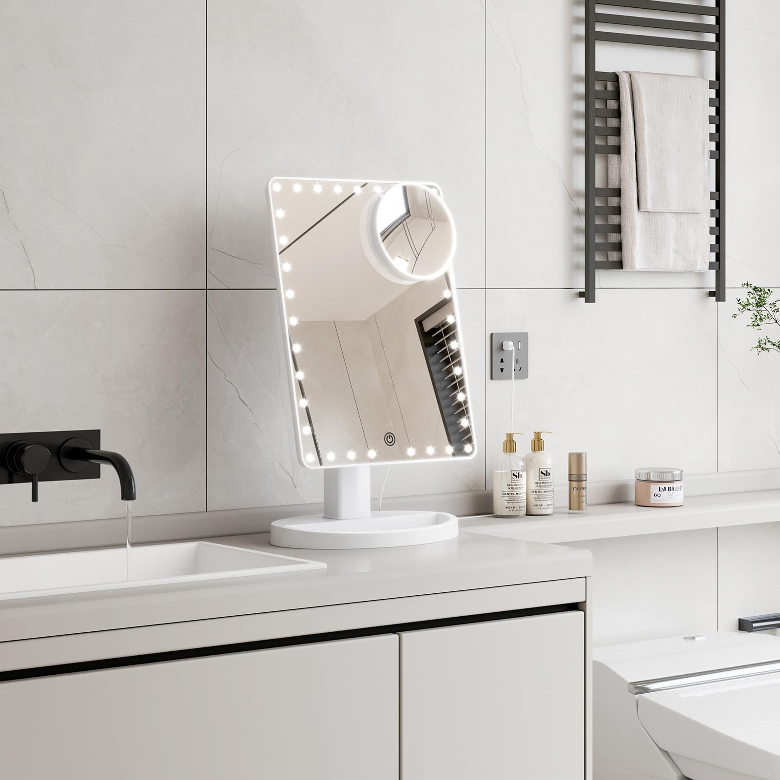 FUNTOUCH Large Lighted Vanity Makeup Mirror (X-Large) with 35 LED Lights, Touch Screen Dimmable and 10X Magnification Dual Power Supply 360Rotation