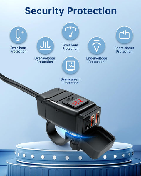 ZEXMTE 12V USB Socket, Quick Charge 3.0 Dual USB Motorcycle Socket with On/Off Switch and LED Voltmeter, Waterproof SAE-to-Dual USB Car Adapter for 12~24V Motorcycle Motorhome Boat